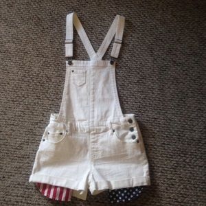 White denim overalls with american flag pockets