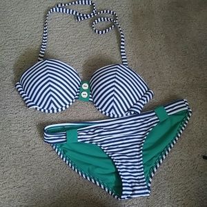 Blue and White Striped Bathing Suit