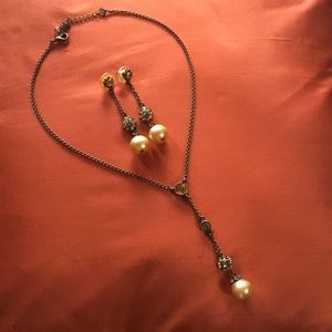 Vintage Amber crystal earrings, Y-necklace combo