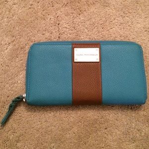 blue and tan wallet