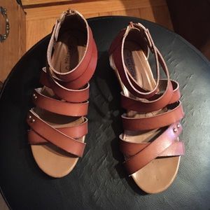 Kids leather strap sandals with cork wedge  heels