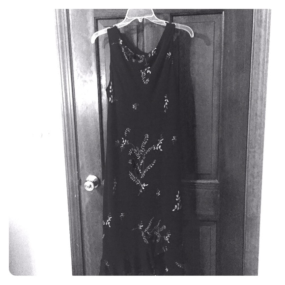 Black, cream and red floral flare dress