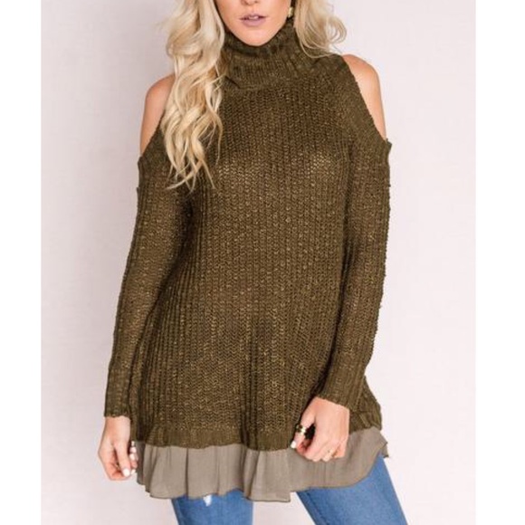 TAYLOR cold shoulder ruffle tunic top - OLIVE - Picture 3 of 4