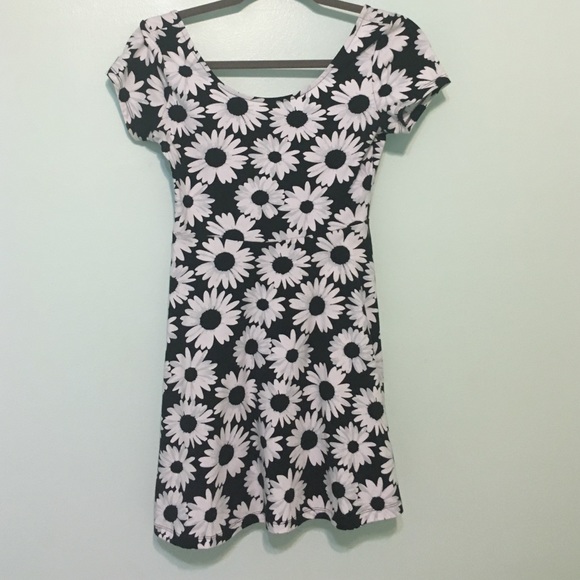 F21 Black and white sunflower print skater dress
