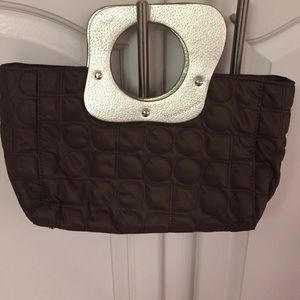 Kate Spade Brown cloth/gold leather handle clutch