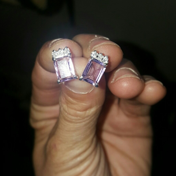 Genuine Amethyst/CZ Earrings/925 - Picture 1 of 8