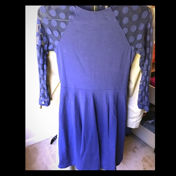 Express Navy Long Sleeve Sheer Polka Dot Dress
