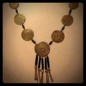 Vintage tribal necklace with wood beads, brass