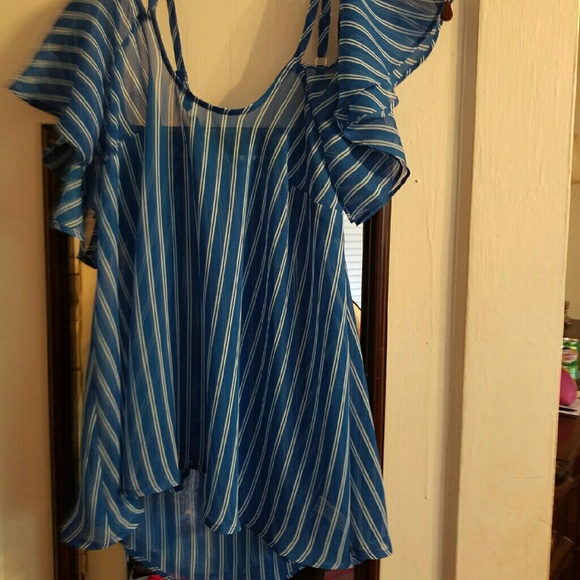 striped blue and white cold shoulder tank