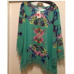 Sheer l/s top with crochet edging