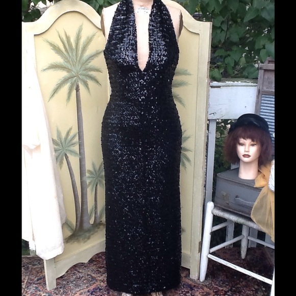 VTG FULL SEQUINED HALTER MAXI GOWN - Picture 1 of 4
