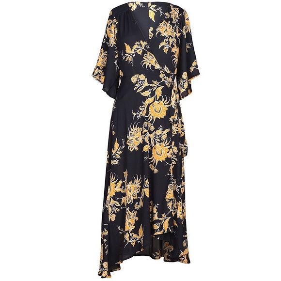 Floral tie in front long wrap dress