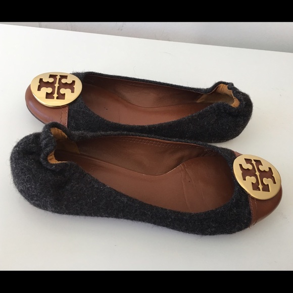 Tory Burch Shoes - TORY BURCH GREY FLANNEL BROWN CAP TOE GOLD LOGO