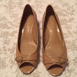 Ralph Lauren peep toe low wedge. Tan. 8.5.
