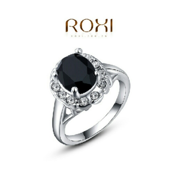 Beautiful Black Zircon and Crystal Ring, Size 7