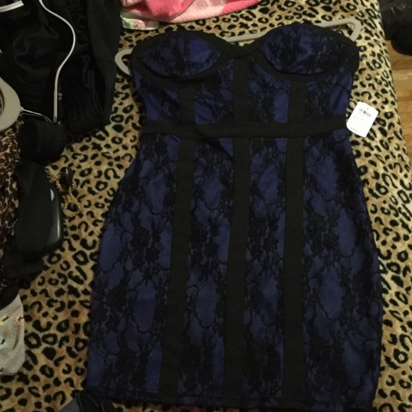 Blue and black strapless dress