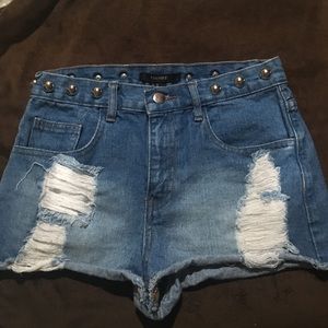 high waisted distressed studded denim shorts