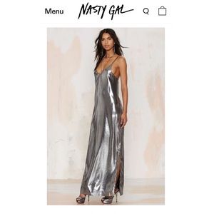 Silver, double slit, backless, maxi dress