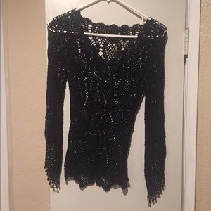 The Limited Crocheted Black Bell Sleeve Top