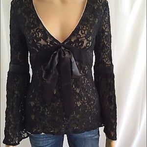 Boston Proper Black Lace Bell Sleeve Blouse
