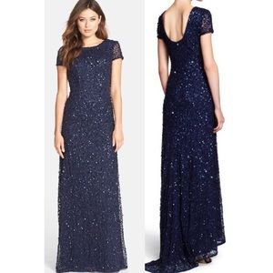 New ADRIANNA PAPELL Short Sleeve Sequin Mesh Gown