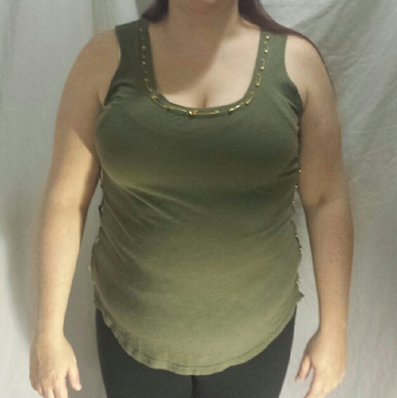 Revamped Army Green and Gold Safety Pin Shirt - L
