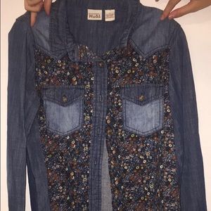 denim floral button down