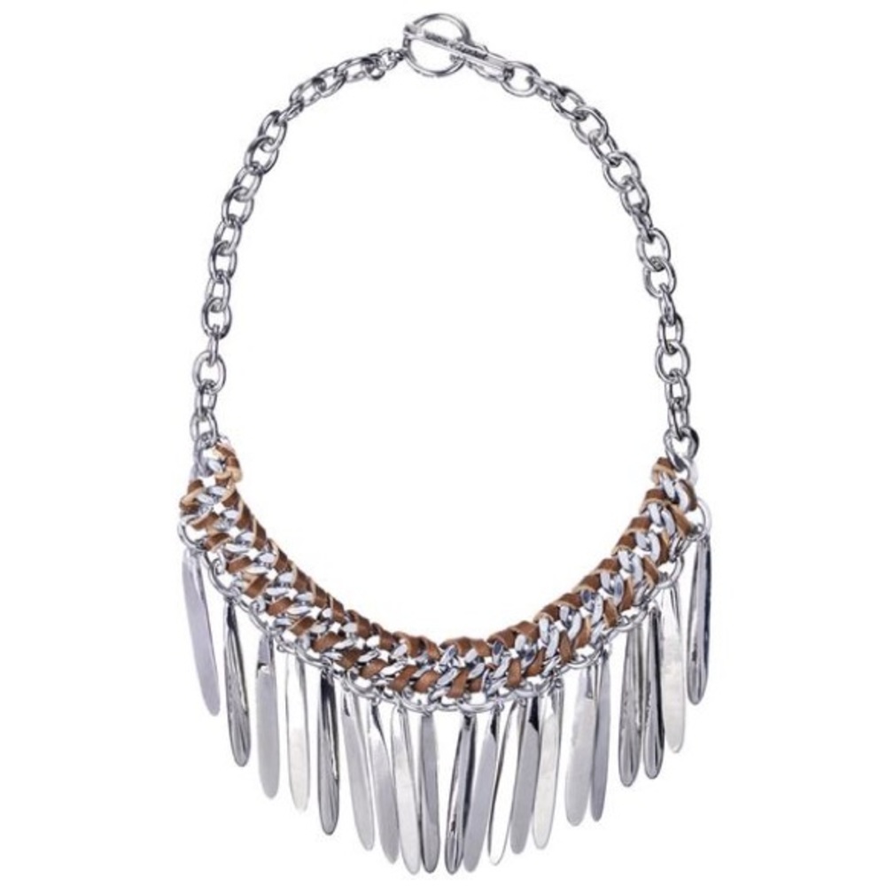 Silver and brown leather bin fringe necklace