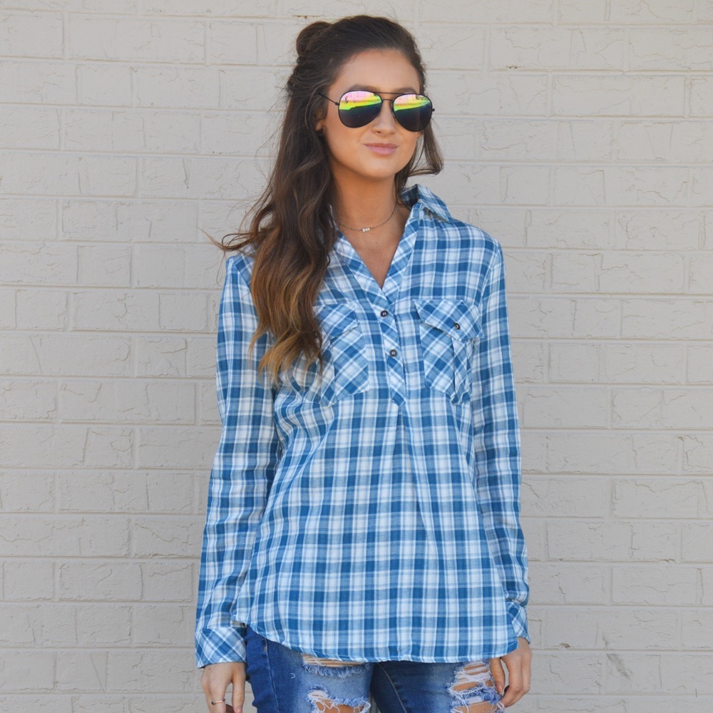 Boutique Blue and White Coming Back Home Plaid Top - Picture 2 of 5
