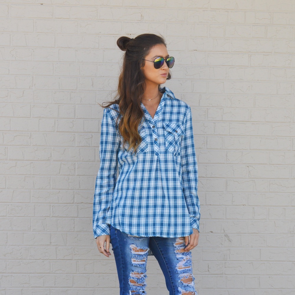 Boutique Blue and White Coming Back Home Plaid Top - Picture 1 of 5