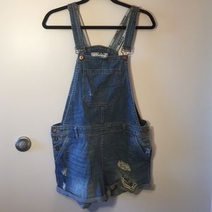 distressed Forever 21 overall shorts