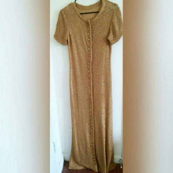 Dramatic gold knit maxi cocktail dress