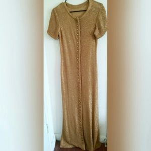 Dramatic gold knit maxi cocktail dress
