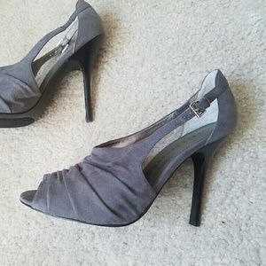 Gray Suede Open Toe Heels