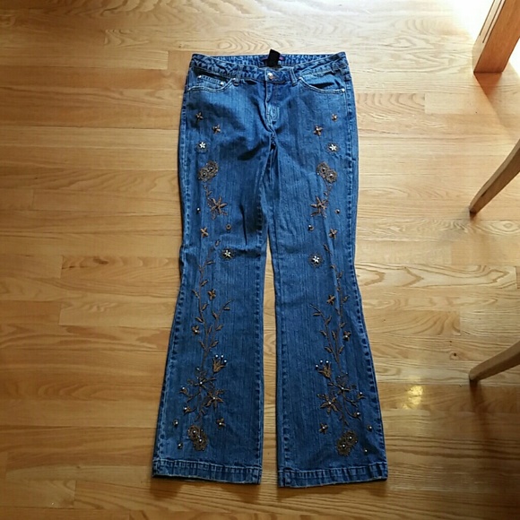 Dark Wash Denim Jeans With Brown Thread Embroidery