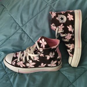 All Star Converse high tops- brown w/pink flowers