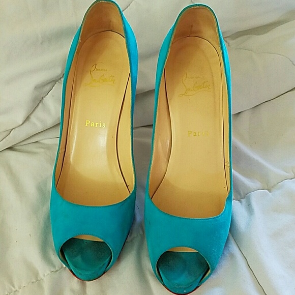 Christian Louboutin Shoes - Suede Teal Peeptoe Pumps