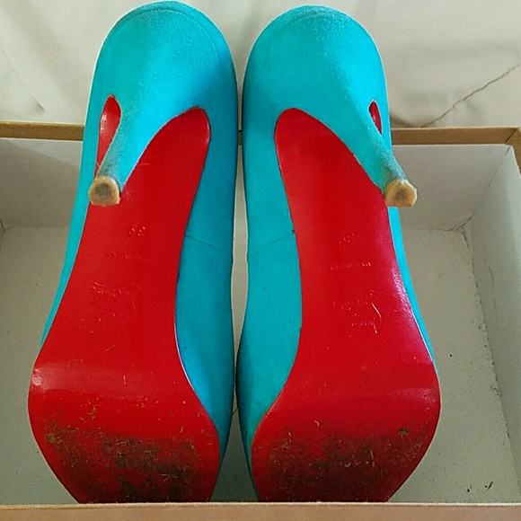 Suede Teal Peeptoe Pumps - Picture 2 of 3