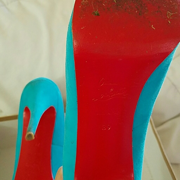 Suede Teal Peeptoe Pumps - Picture 3 of 3