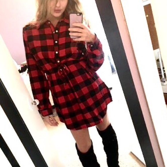 Red Black Buffalo Plaid Flannel Tie Shirt Dress - Picture 4 of 4