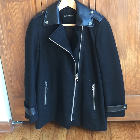 Black wool/pee coat with leather trim