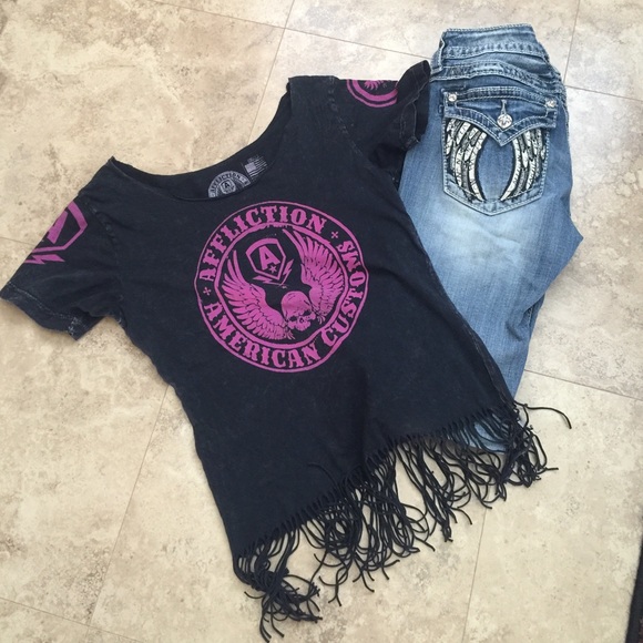 Affliction Tshirt with fringe bottom. Size Small
