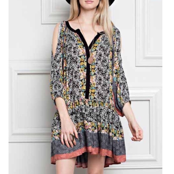 3/4 cold shoulder floral printed tunic/mini dress
