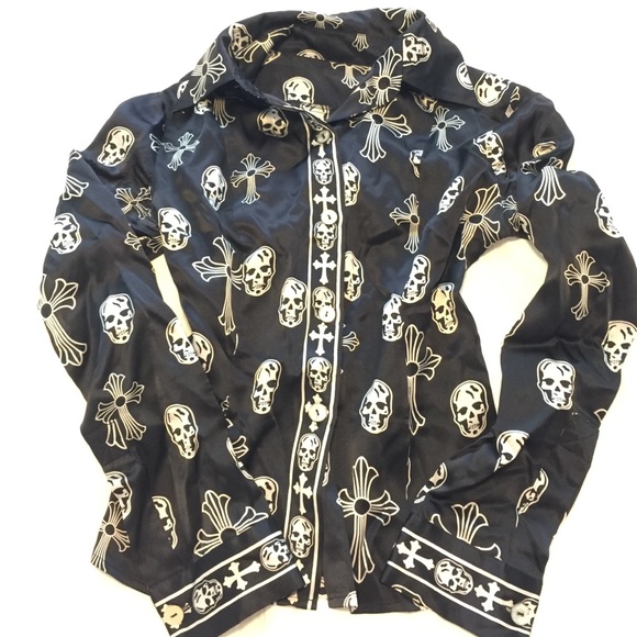 A & G Amal Guessous dark blue silk skull blouse.