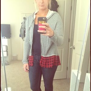 Gray zip up with plaid trim