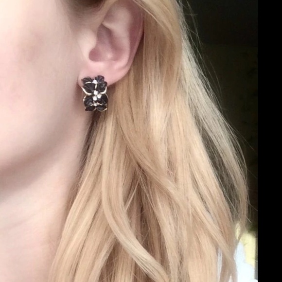 18k Gold Plated Enamel Rhinestone Flower Earrings - Picture 2 of 4