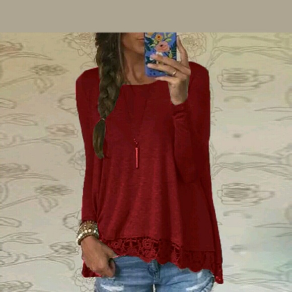 Long Sleeve Red Top Crochet Trim