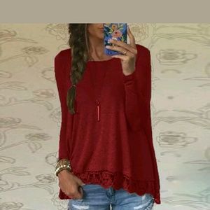 Long Sleeve Red Top Crochet Trim