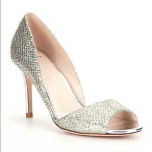 Peep toe gold and silver wedding Cole Haan pumps.
