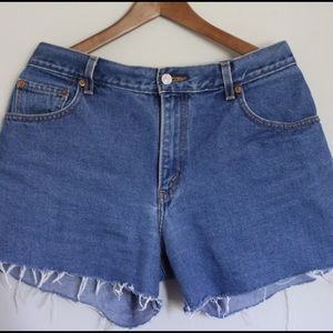 Distressed Levi shorts in a classic wash.